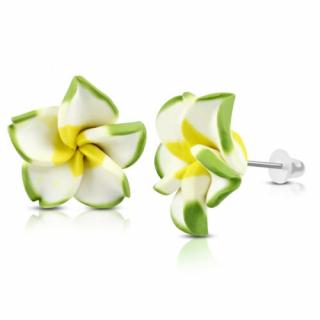 Sárga-fehér-zöld pluméria virág fülbevaló