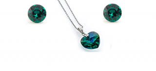 Swarovski® kristályos ékszerszett - Szív 14 mm, Emerald + díszdoboz