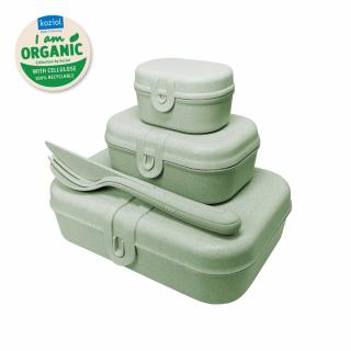 Uzsonnás doboz készlet PASCAL READY, utazó evőeszköz készlettel, organikus zöld, Koziol