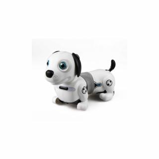 Ezüstfényű RC robotkutya Dackel labdával, gesztusokkal, parancsokkal, LED szemekkel, hangokkal