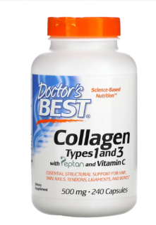 A Doctors Best kollagén, I. és III. típusú + C-vitamin, 500 mg, 240 kapszula