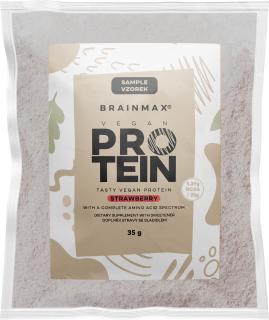 BrainMax Vegán fehérje, eper, 35 g  24 g fehérje, 5,29 g BCAA, teljes aminospektrum, steviával édesítve, étrend-kiegészítő