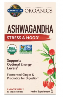 Garden of Life Organics Ashwagandha Stress & Mood, kivonat, 60 db gyógynövény tabletta