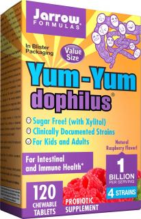 Jarrow Yum-Yum Dophilus (gyermekeknek szánt probiotikumok), 1 milliárd organizmus, 4 probiotikus törzs, Málna, 120 rágótabletta