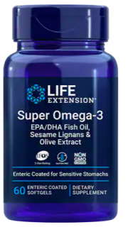 Life Extension Super Omega-3 EPA / DHA halolaj, fish oil, szezámlignánok és olíva kivonat, 60 bélben oldódó kapszula