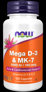 NOW Mega D3 és MK-7, D3-vitamin 5000 NE és K2-vitamin 180 ug, 120 növényi kapszula