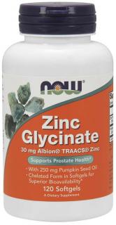 NOW Zinc Glycinate , Cink-biszglicinát + tökolaj, 30 mg, 120 lágygél kapszula