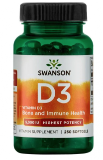 Swanson D3-vitamin, 5000 NE, nagyobb hatékonyságú, 250 lágyzselés kapszula