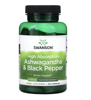 Swanson High Absorption Ashwagandha & Black Pepper, ashwagandha és fekete bors, 120 kapszula  Étrend-kiegészítő
