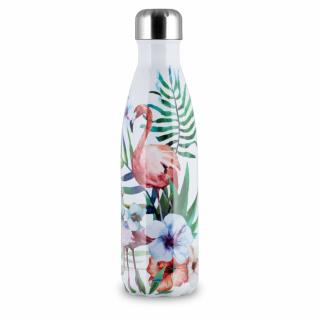 The Bottle  Flamingo Flowers fényes fehér virág mintás 0,5l-es rozsdamentes acél hőtartó design kulacs