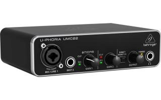 Behringer UMC22 U-Phoria hangkártya: 2x 2, USB 1.0, 48 kHz, mikrofon előerősítő MIDAS s +48V fantomtáppal