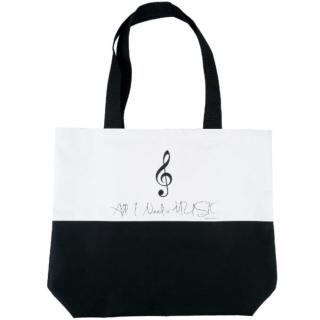 Fekete-fehér, violinkulcs mintás városi táska "All I need is music" felirattal 45 x 37 x 12 cm AGB3029 Zenei ajándéktárgy
