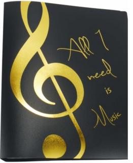 Fekete mappa, arany színű "All I need is Music" felirattal és violinkulccsal, 20 db lefűzött irattartóval AGF1024 A/4 méretű Zenei ajándéktárgy