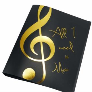 Két gyűrűs, arany színű "All I need is Music" feliratos és violinkulcs mintás mappa AGF1027 Zenei ajándéktárgy