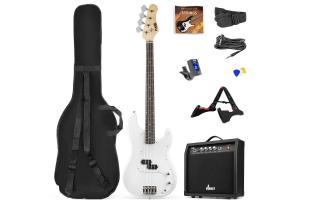 max Gigkit Elektromos basszusgitár szett (20W erősítő, táska, hangoló, pengetők) – fehér