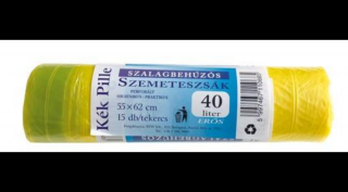 Kék Pille szalagbehúzós szemeteszsák, 14my, 15 db/tekercs, 40 L - 55x62