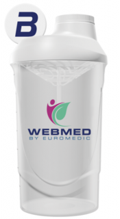 Webmed-Biotech keverőpalack álló logóval, fehér