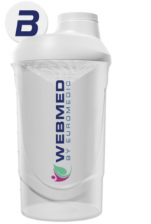 Webmed-Biotech keverőpalack fekvő logóval, fehér