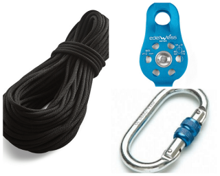 Aerial Pulley Set csiga, kötél és 2 karabiner Hossz: 10 m