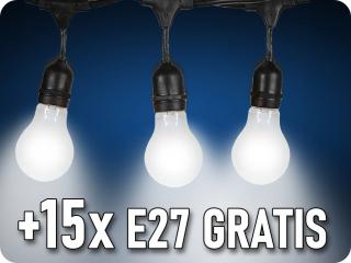 LED láncfény, IP65 + 15 x E27 LED izzó gratis! Meleg fehér