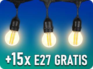 LED láncfény, IP65 + 15 x E27 LED izzó gratis! Természetes fehér