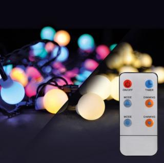 Solight LED 2in1 kültéri karácsonyi lánc, labdák, távirányító, 200LED, RGB+W 20m+5m, 8 funkció, IP44 [1V09-RGB]