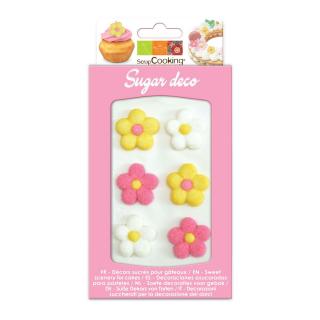 Cukor dekoráció - Virágok (fehér, rózsaszín, sárga) 6 db