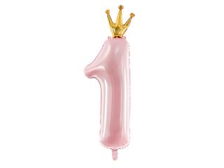 Fólia lufi születésnapi szám 1 világos rózsaszín -  koronával