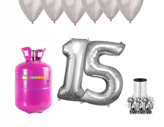 Hélium parti szett 15. születésnapra ezüst színű lufikkal