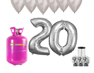 Hélium parti szett 20. születésnapra ezüst színű lufikkal