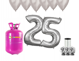 Hélium parti szett 25. születésnapra ezüst színű lufikkal
