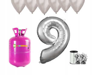 Hélium parti szett 9. születésnapra ezüst színű lufikkal