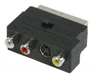 SCART AV adapter kapcsolóval, SCART apa - 3x RCA anya + S-Video anya, fekete