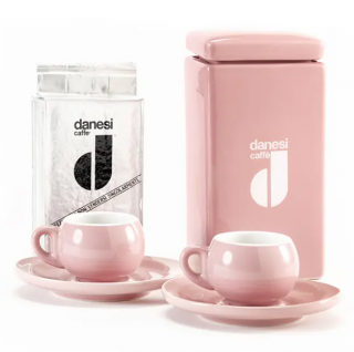 Danesi Duo Plus Set Pink - Dark Cassette Coffee 250 g + 2 csésze és 2 csészealj - rózsaszín