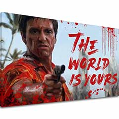 Sebhelyesarcú festmény vásznon Véres Tony Montana pisztollyal a kezében 40x60 cm