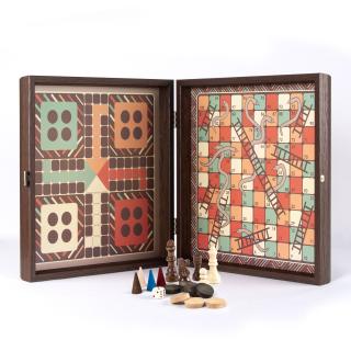 Vintage fából készült sakk készlet (4in1 sakk, backgammon, Ludo és kígyó)