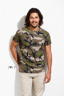 SO01188_SOL'S CAMO nyári rövid ujjú terepmintás férfi póló, oldalvarrott testhez álló, 100% Pamut