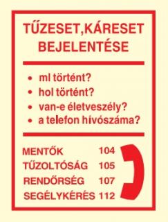 Tűz- és káreset bejelentése, után világítós tűzvédelmi öntapadós tábla