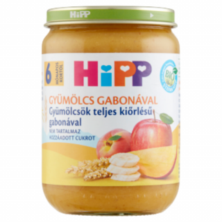 HiPP BIO Gyümölcs Gabonával ,Gyümölcsök teljes kiőrlésű gabonával bébiétel 6 hó 190g