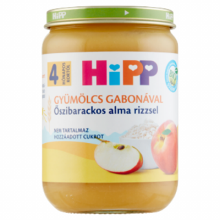 HiPP BIO Gyümölcs Gabonával, Őszibarackos alma rizzsel bébiétel 4 hónapos kortól 190g