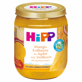 HiPP BIO gyümölcskészítmény gabonával alma-mangó-eper bébidesszert 6 hónapos kortól 160g