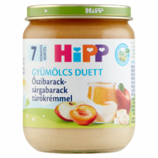 HiPP Gyümölcs Duett BIO őszibarack-sárgabarack túrókrémmel bébidesszert 7 hónapos kortól 160g