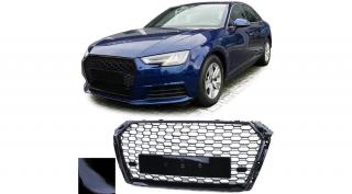 AUDI A4 B9 8W 2015-2019 lakkozott fekete RS stílusú hűtőrács fix PDC+rendszám tartóval