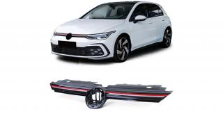 VW Volkswagen Golf VIII GTI stílusú lakkozott fekete világítós hűtőrács piros csíkkal (emblématartós)