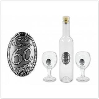 Fémcímkés pálinkás készlet 60. születésnapra - 2 db pohár és palack