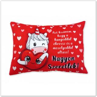 Nagyon Szeretlek! feliratos díszpárna valentin napra,  38x26cm, unicornissal