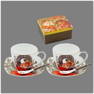 Porcelán teás csésze, alj,-és kiskanál szett díszdobozban Mucha festményével