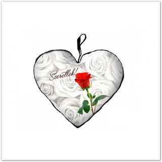 Szív alakú díszpárna vörös rózsával, Szeretlek felirattal, 25cm