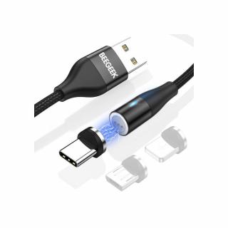 BeeGeek AM60 USB kábel 1M 3A 18W QC 3.0 gyorstöltés USB-C, Type-C mágneses fejjel, 1m fekete