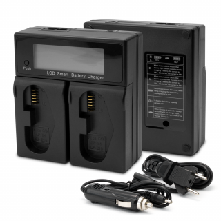 Dupla utángyártott Canon LP-E4/LP-E19 akkumulátor töltő hálózati és szivargyújtó töltővel, LCD kijelzővel